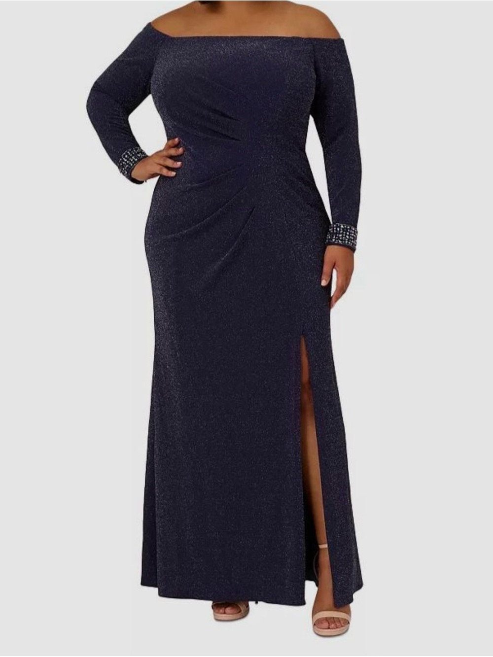 Adrianna Papell Navy One-Shoulder Sparkle Evening Gown